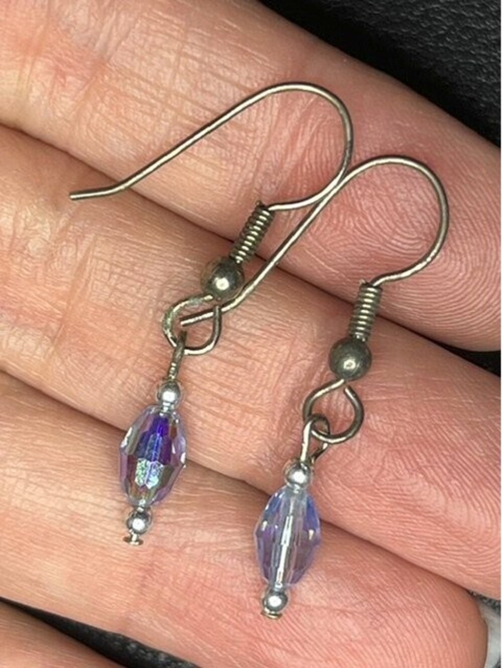 B7392 VTG patina Sterling Silver*unmarked Dangle Earrings Iridescent Crystal